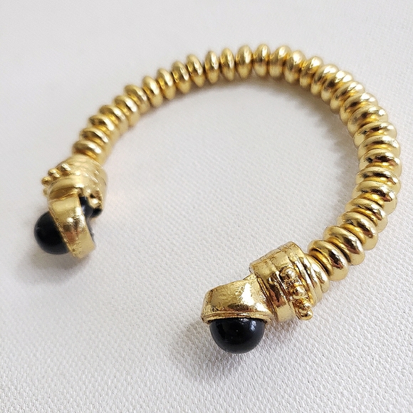 Chunky Vintage Yellow Goldtone Disc Cuff Bracelet w Black Glass Cabochons - Picture 9 of 16